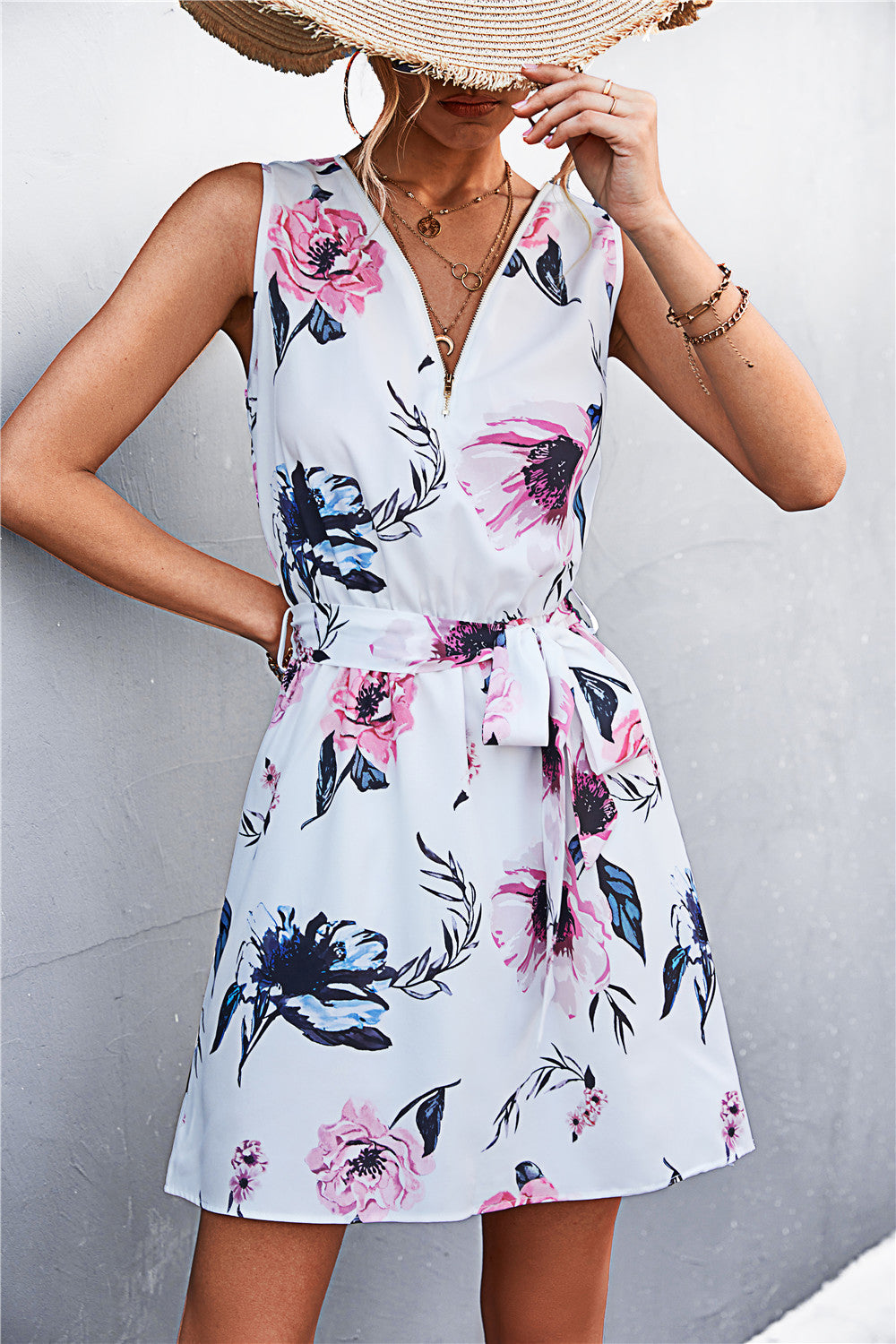Printed Zip Detail Belted Sleeveless Dress Dresses- Doll Fits