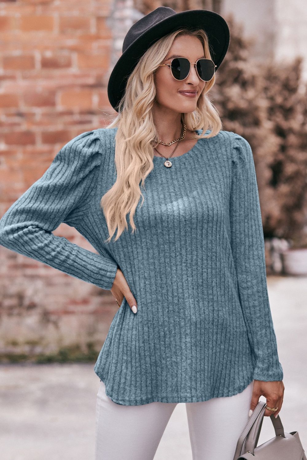 Round Neck Puff Sleeve Ribbed Top Shirts & Tops- Doll Fits