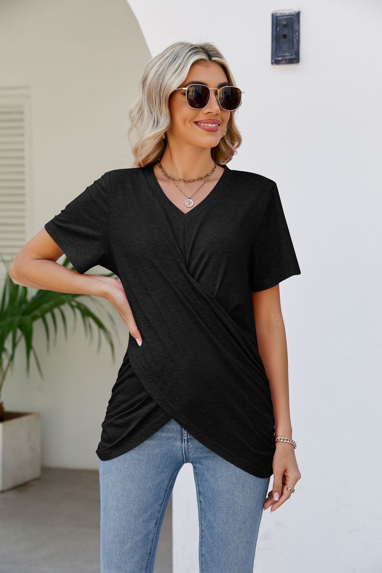 V-Neck Crisscross Short Sleeve Tee Shirts & Tops- Doll Fits
