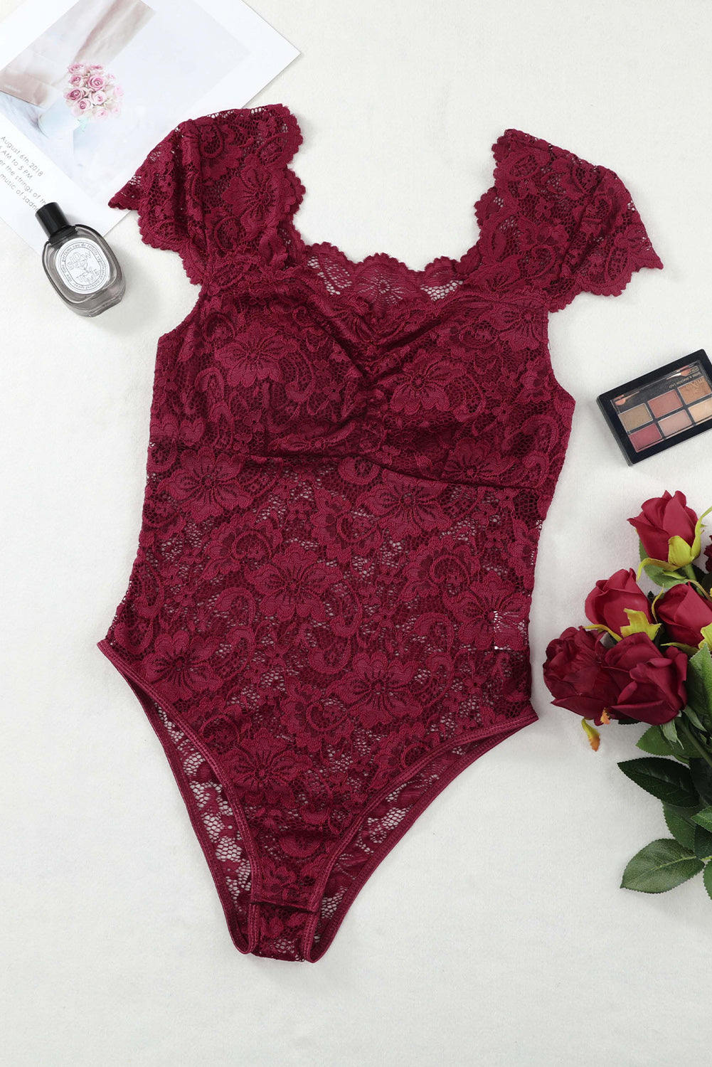 Ruched Sweetheart Neck Lace Bodysuit Shirts & Tops- Doll Fits