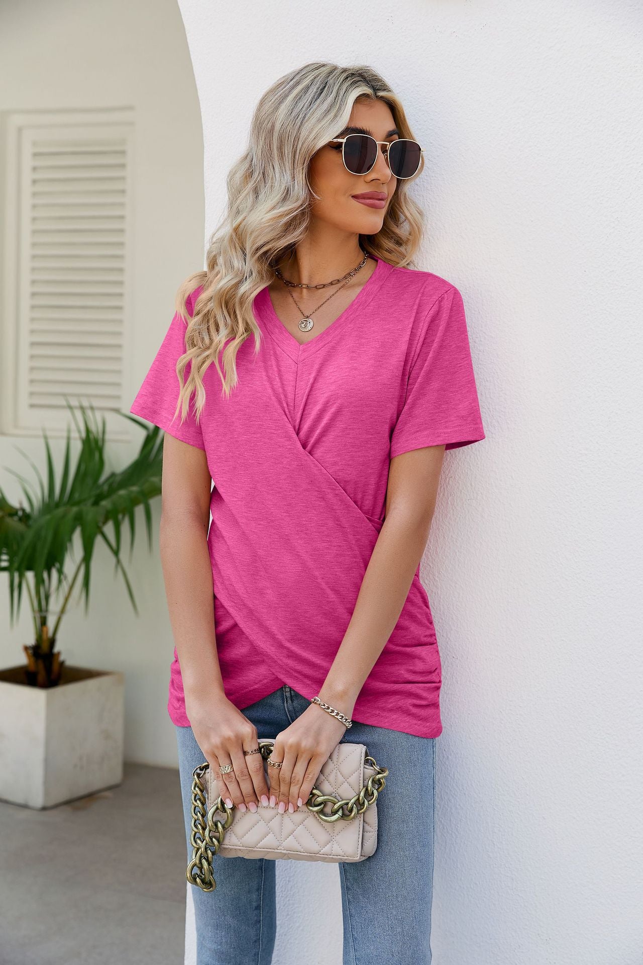 V-Neck Crisscross Short Sleeve Tee Shirts & Tops- Doll Fits