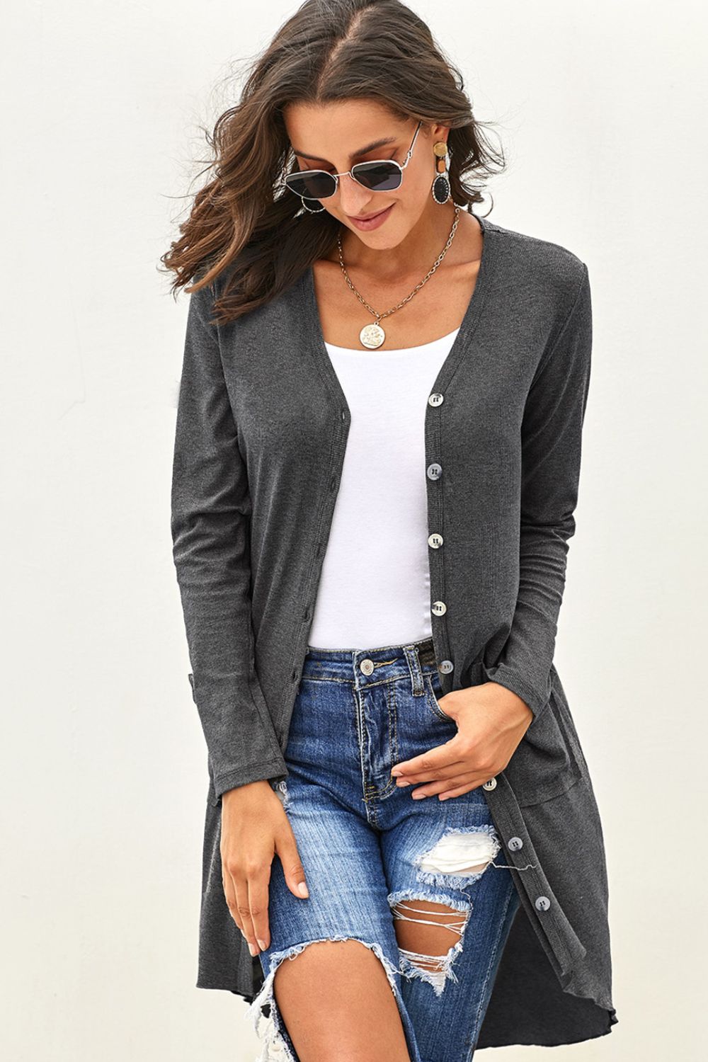 V-Neck Long Sleeve Cardigan with Pocket - Doll Fits