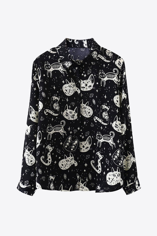 Cat Print Button-Up Shirt  Shirts & Tops- Doll Fits