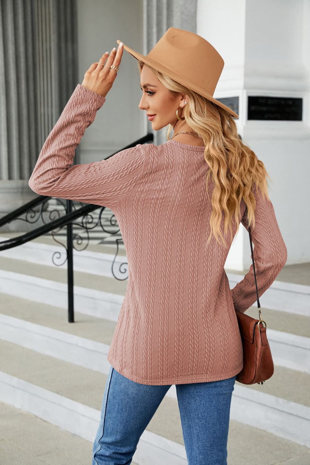 Cable-Knit Long Sleeve V-Neck T-Shirt - Doll Fits
