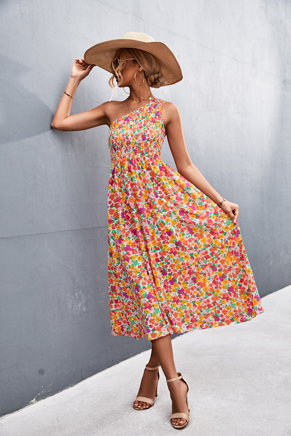 Floral Smocked One-Shoulder Midi Dress Dresses- Doll Fits