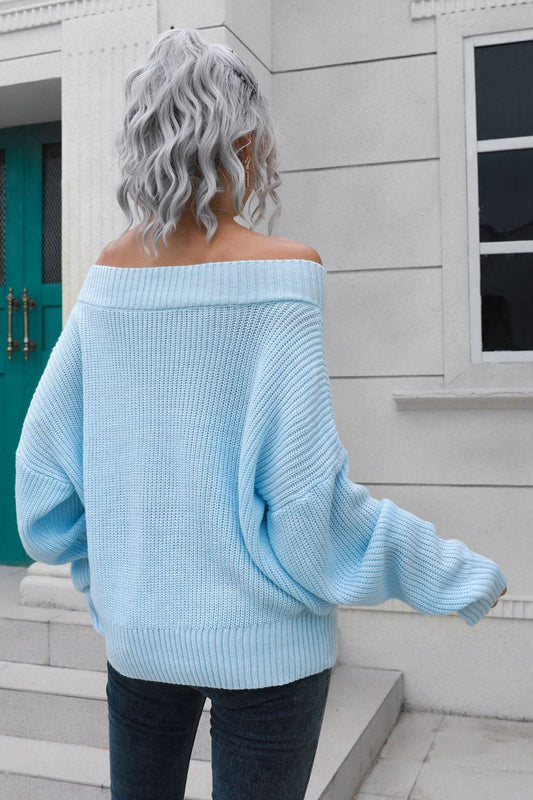 Off-Shoulder Ribbed Long Sleeve Pullover Sweater  - Doll Fits
