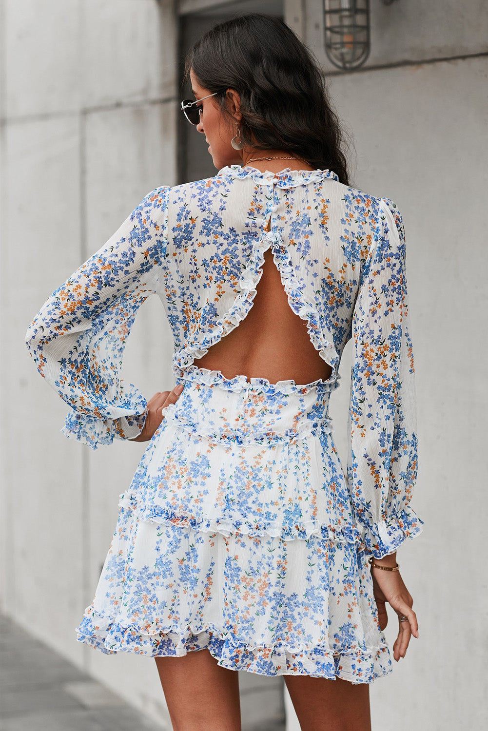 Floral Frill Trim Plunge Flounce Sleeve Dress Dresses- Doll Fits