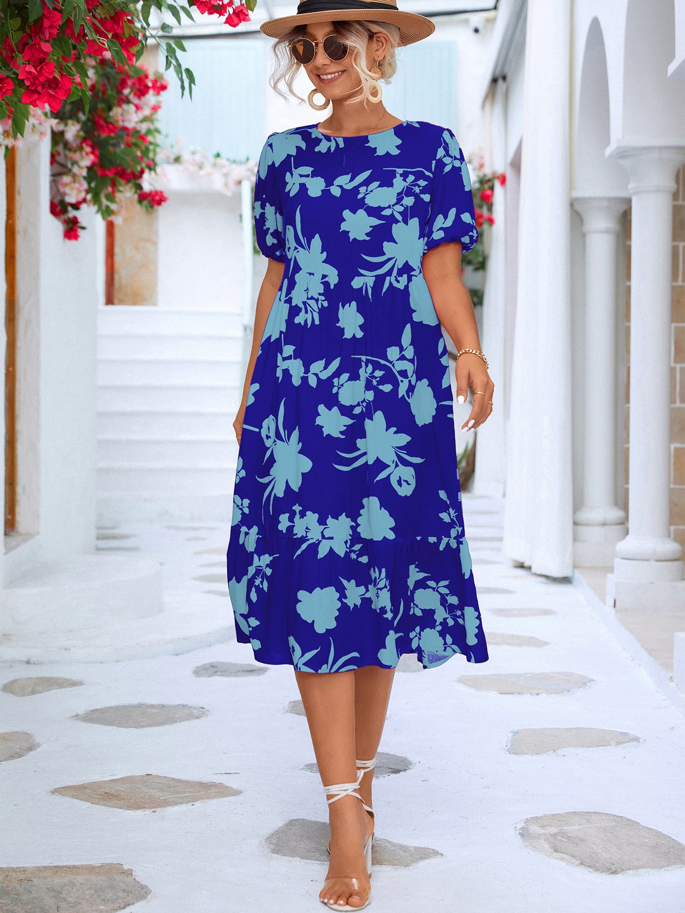 Floral Puff Sleeve Ruffle Hem Midi Dress  Dresses- Doll Fits
