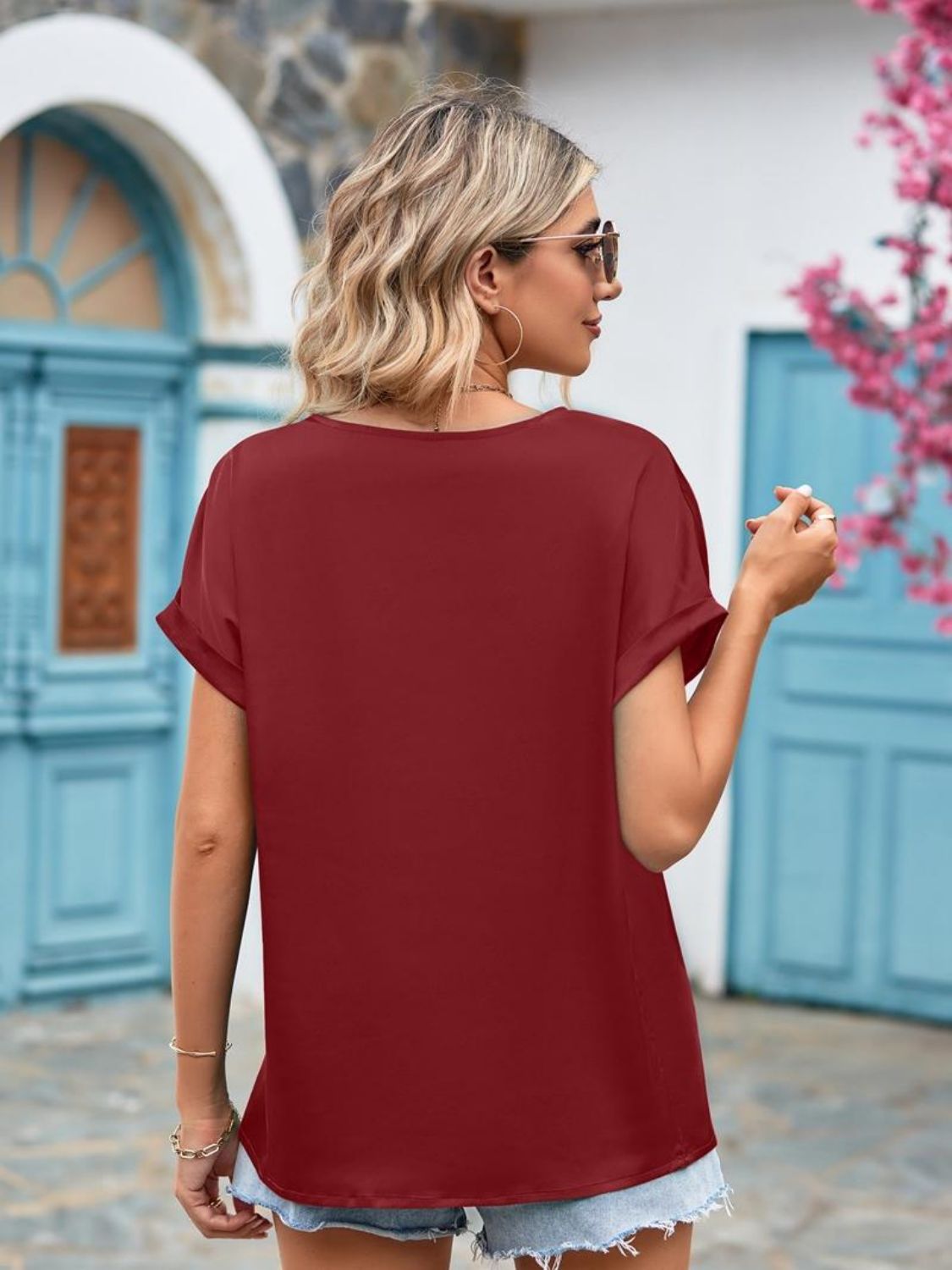 V-Neck Cuffed Blouse Shirts & Tops- Doll Fits