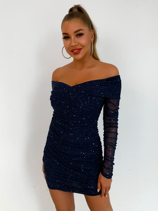 Glitter Off-Shoulder Ruched Bodycon Dress  Dresses- Doll Fits