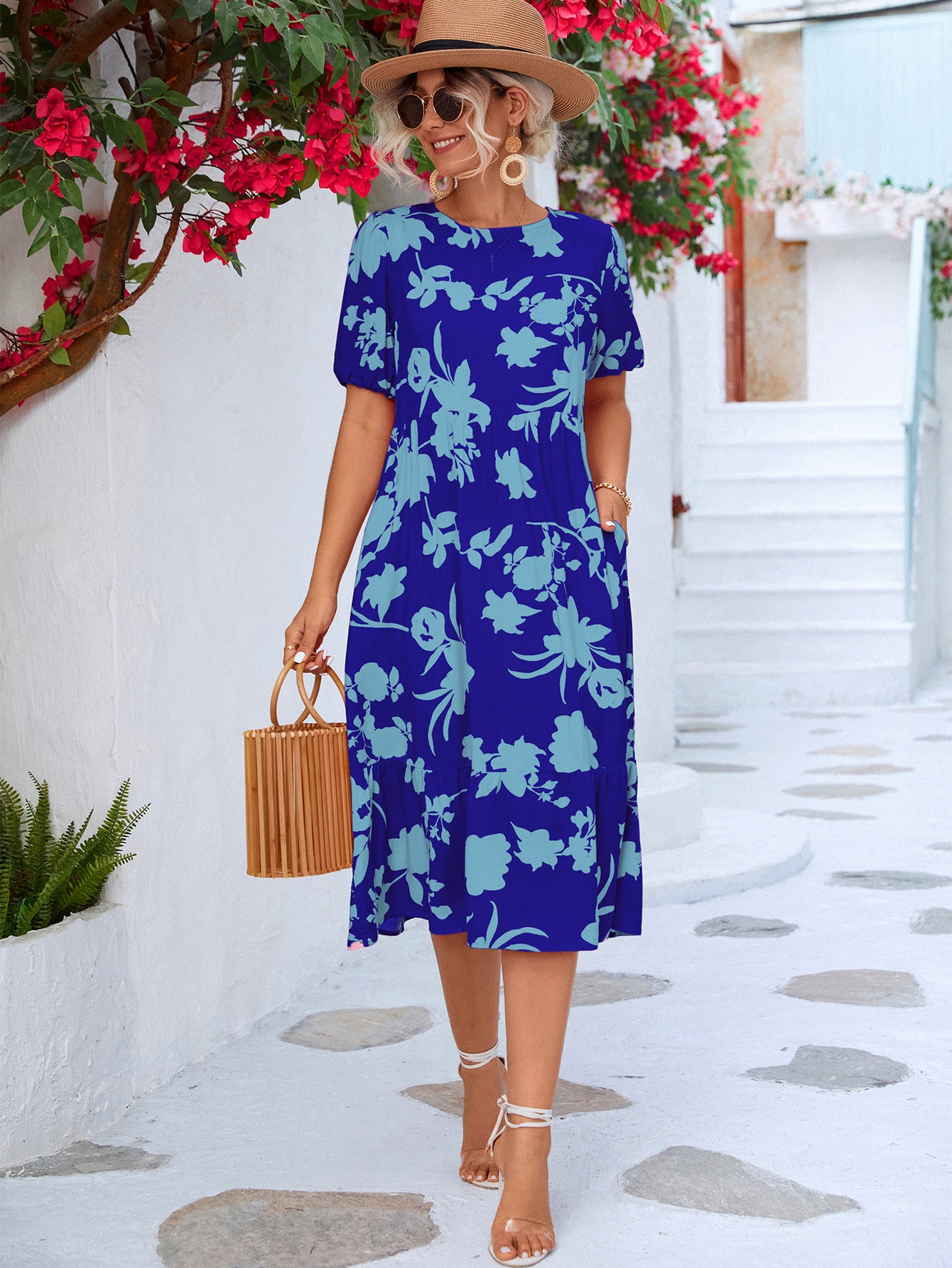 Floral Puff Sleeve Ruffle Hem Midi Dress  Dresses- Doll Fits