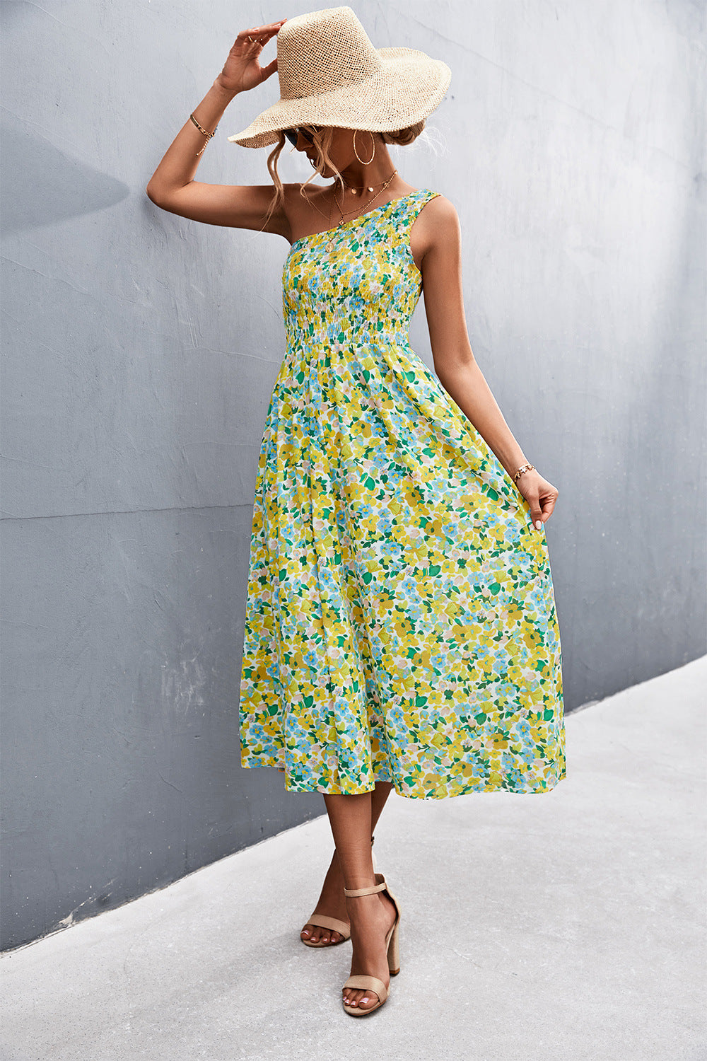 Floral Smocked One-Shoulder Midi Dress Dresses- Doll Fits