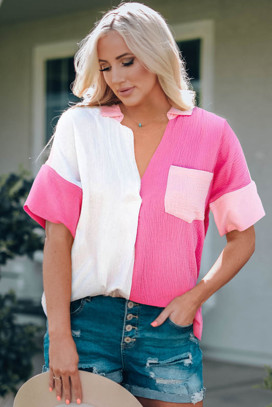 Color Block Textured Johnny Collar Blouse  Shirts & Tops- Doll Fits