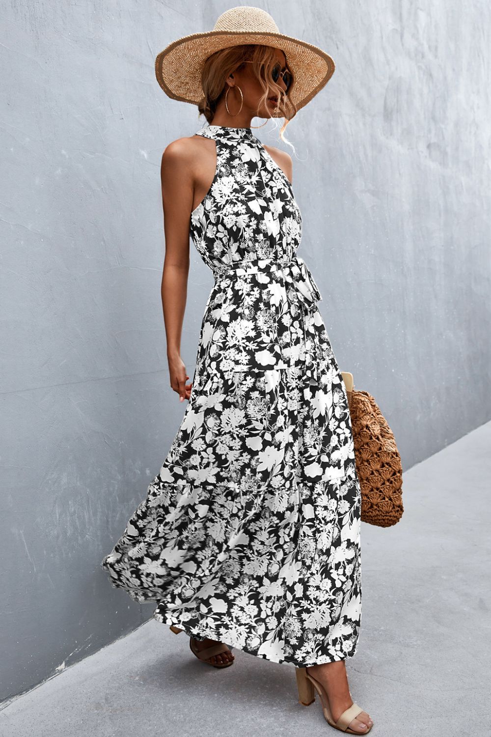 Printed Sleeveless Tie Waist Maxi Dress Dresses- Doll Fits