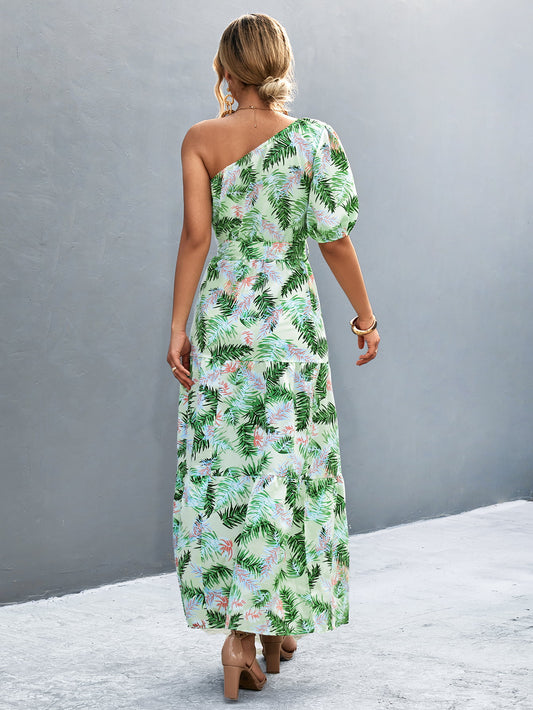 Printed Tie Waist One Shoulder Maxi Dress  Dresses- Doll Fits