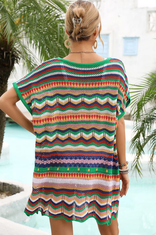 Rainbow Stripe Scalloped V-Neck Cover-Up Dress  Swimwear- Doll Fits