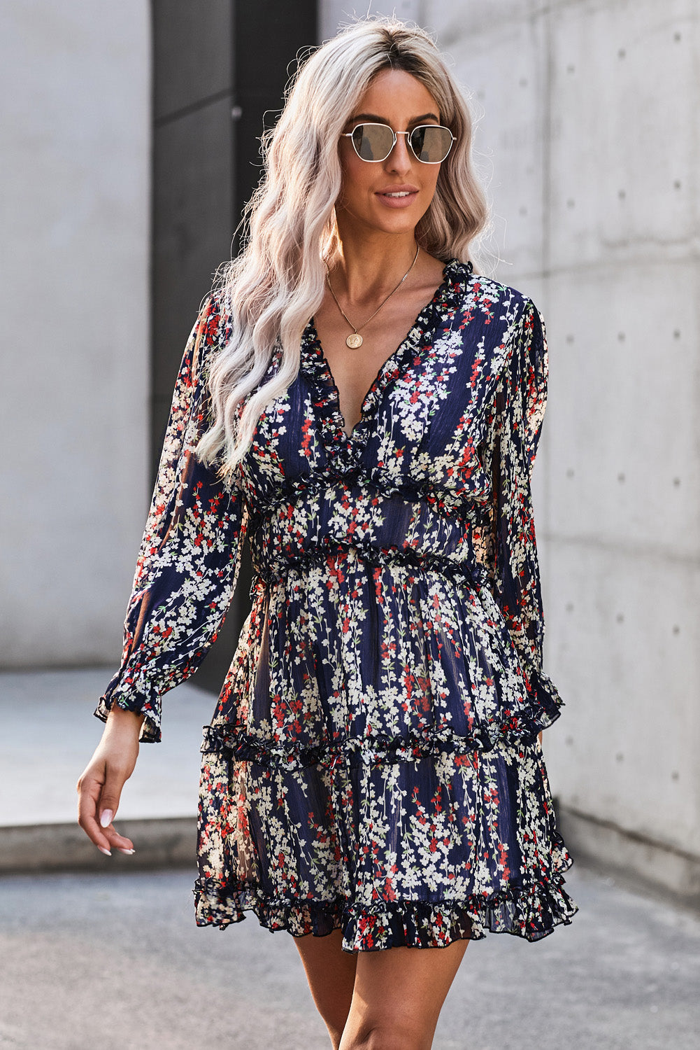Floral Frill Trim Plunge Flounce Sleeve Dress Dresses- Doll Fits