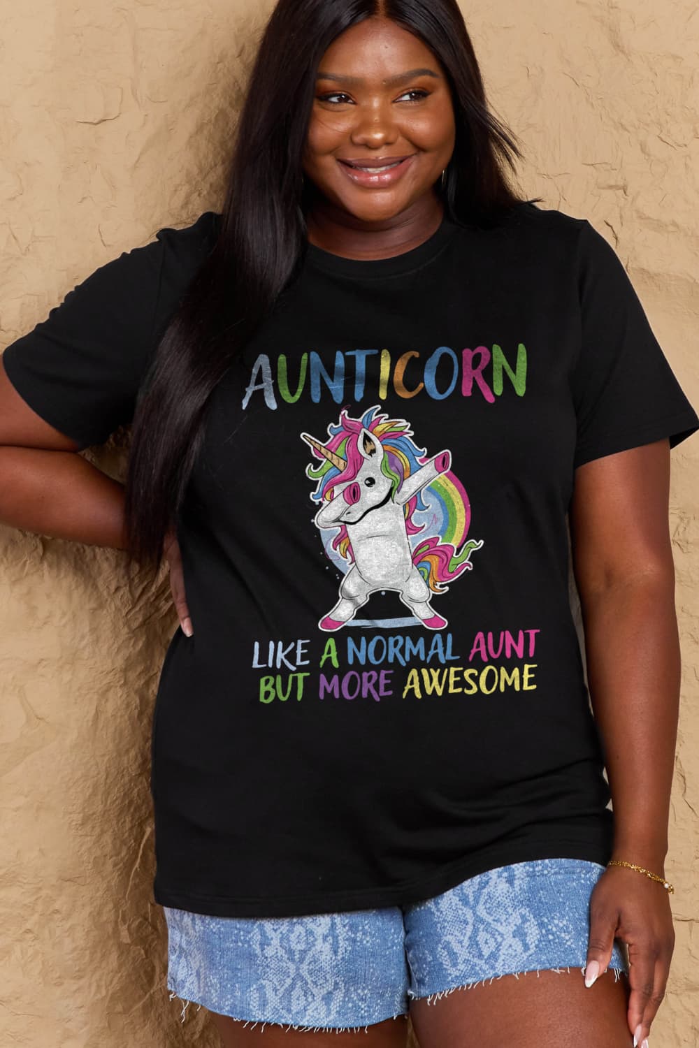 Simply Love Full Size AUNTICORN LIKE A NORMAL AUNT BUT MORE AWESOME Graphic Cotton Tee - Doll Fits