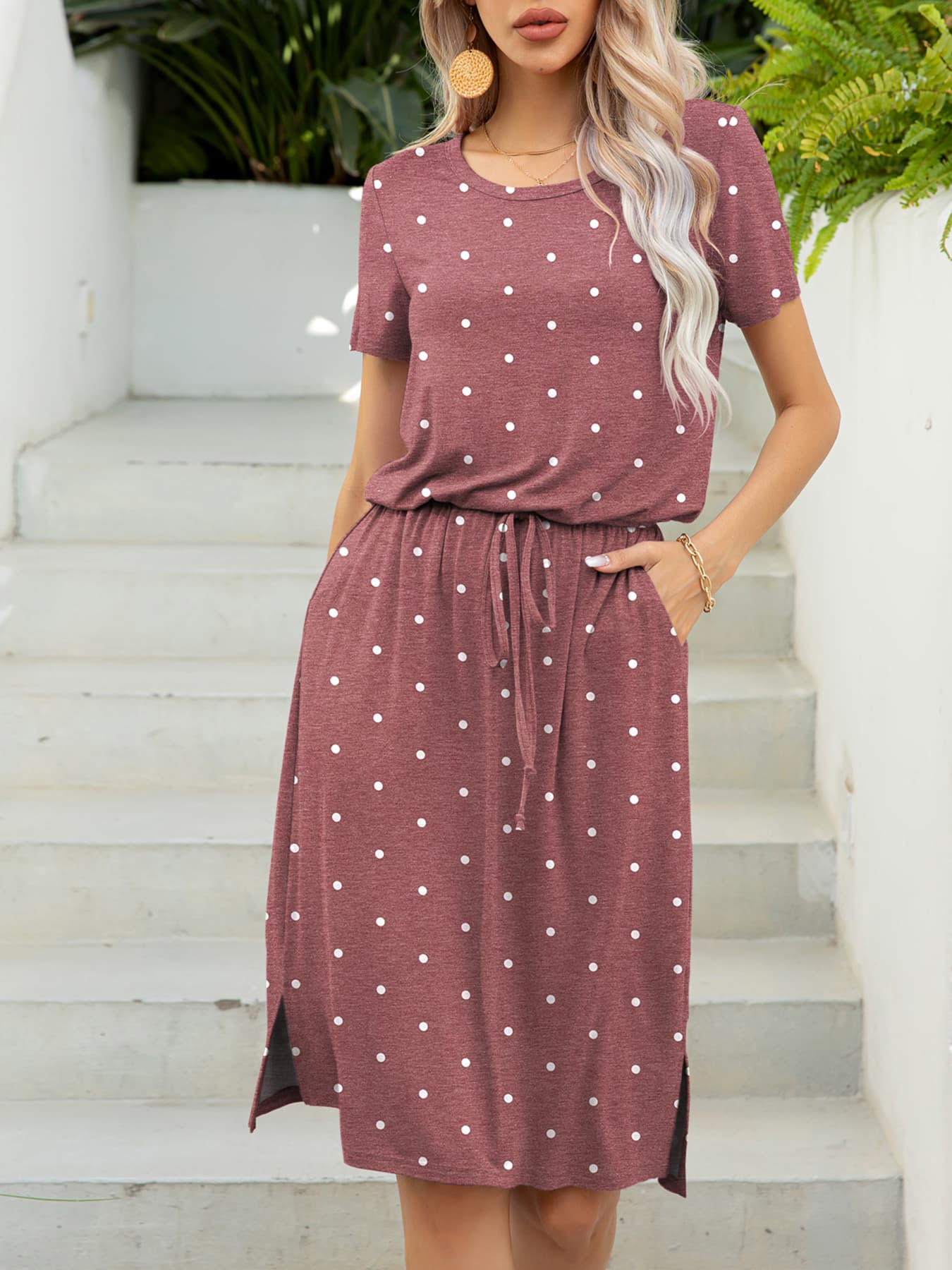 Round Neck Short Sleeve Slit Dress with Pockets Dresses- Doll Fits