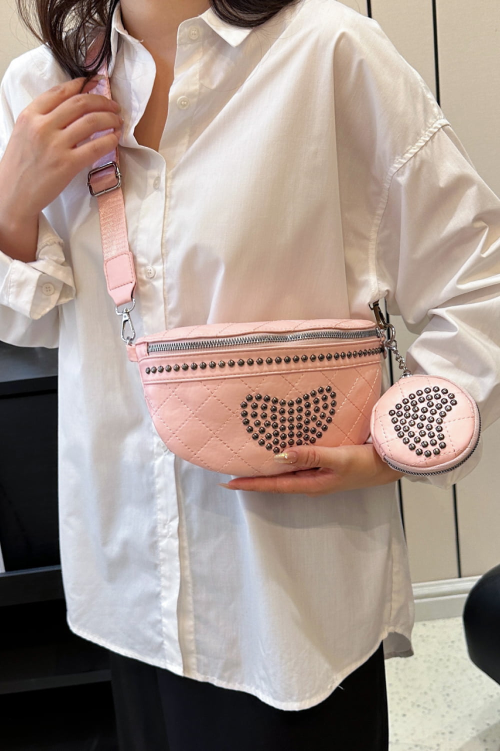 Studded PU Leather Sling Bag with Small Purse - Doll Fits