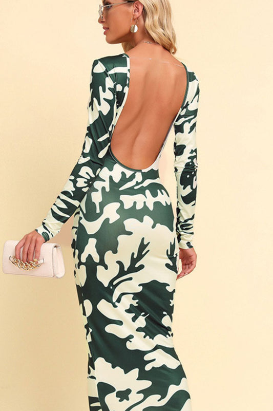 Printed Backless Long Sleeve Maxi Dress  Dresses- Doll Fits
