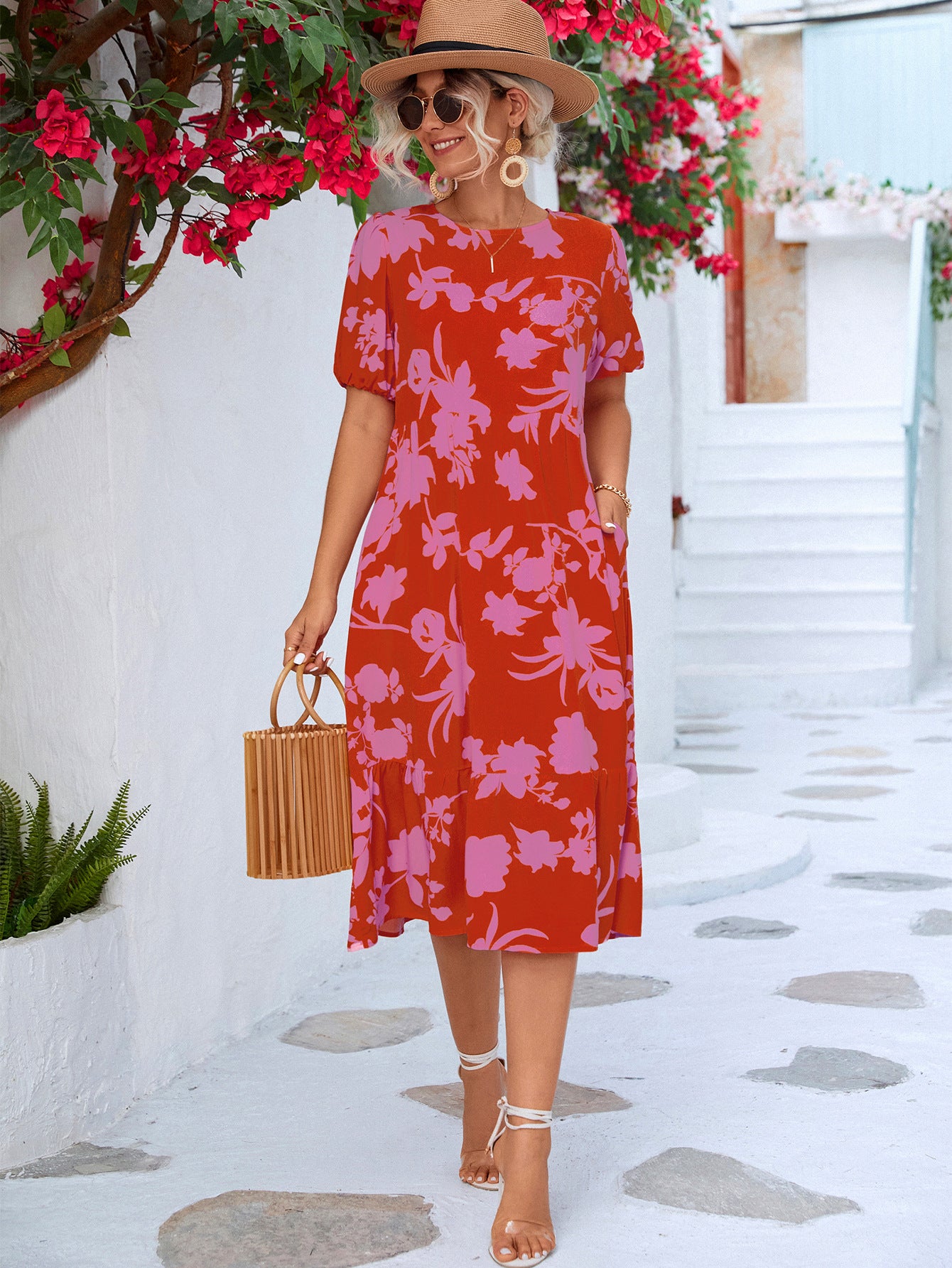 Floral Puff Sleeve Ruffle Hem Midi Dress  Dresses- Doll Fits