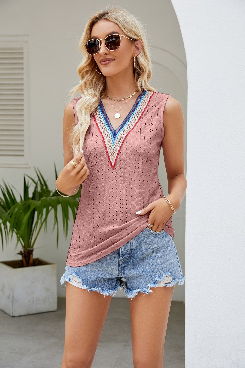 Contrast V-Neck Eyelet Tank Shirts & Tops- Doll Fits