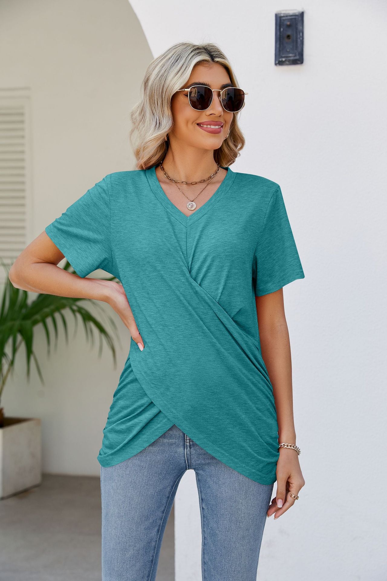 V-Neck Crisscross Short Sleeve Tee Shirts & Tops- Doll Fits