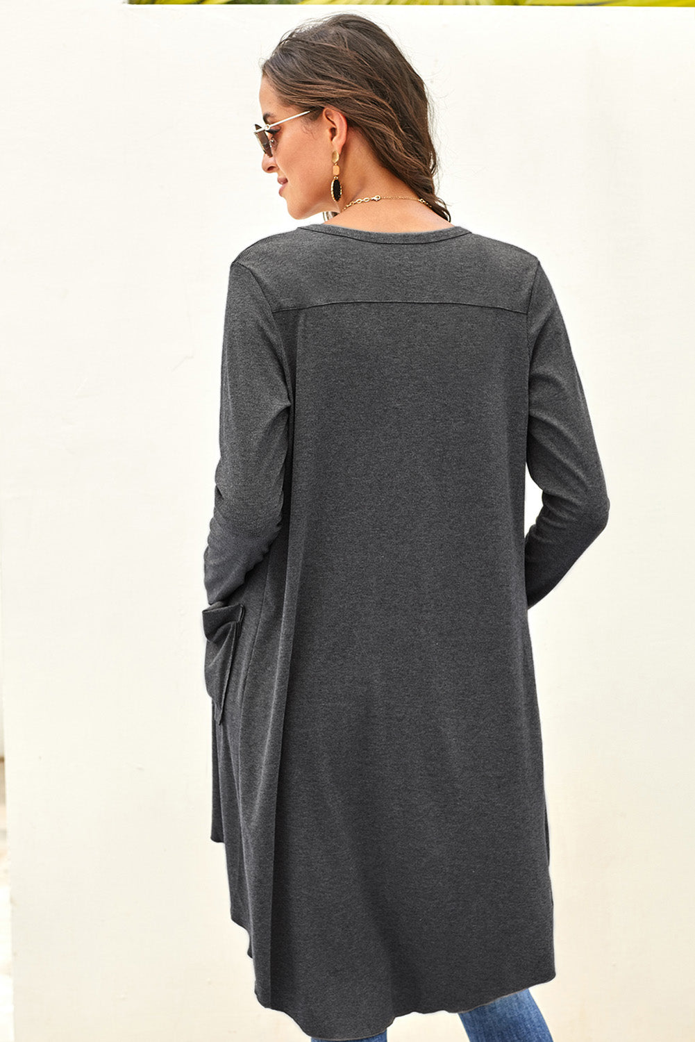 V-Neck Long Sleeve Cardigan with Pocket - Doll Fits