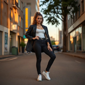 Confident woman wearing edgy baddie outfit with fitted jacket, high-waisted bottoms, and statement jewelry on a city street.