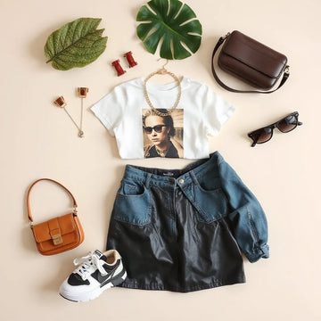 Y2K fashion essentials laid out neatly: mini skirt, cropped denim jacket, platform sneakers, chains, and sunglasses