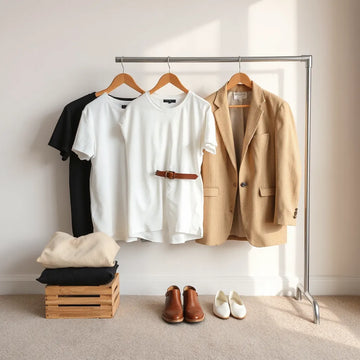 Neutrally toned minimalist clothing neatly folded and arranged beside a simple rack and shoes