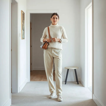Casual chic outfit with a sweater and trousers, crossbody bag, and simple accessories in natural daylight