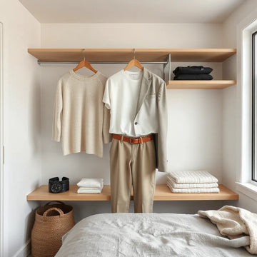 Neutral capsule wardrobe essentials arranged neatly on open shelves in soft natural light