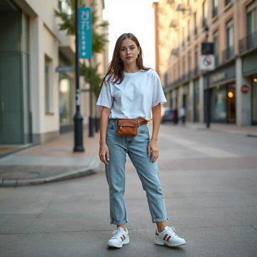 Model in Y2K fashion wearing a cropped tee, low-rise denim, mini belt bag, and chunky sneakers outdoors.