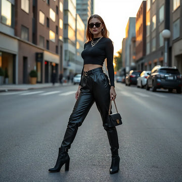 Confident woman modeling a sleek baddie outfit with fitted top, high-waisted pants, and chunky boots on an urban street.