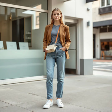 Woman in a relaxed blazer and straight-leg jeans with white sneakers and a crossbody bag outdoors