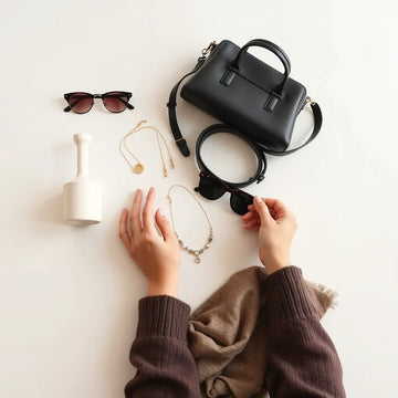 Layered jewelry, sunglasses, scarf, and a belt arranged on a minimalist tabletop