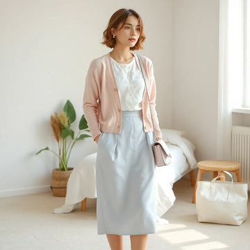 Woman wearing a pastel soft girl outfit with cardigan, satin midi skirt, and delicate accessories