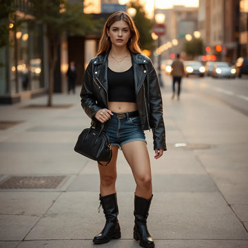 Confident street-style look with a cropped leather jacket, bodysuit, denim shorts, and platform boots.