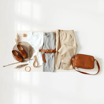Neutrals capsule wardrobe laid out with folded basics, shoes, and accessories on a clean wooden surface