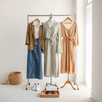 Trendy outfits displayed on a clothing rack with layered fall basics and accessories in soft light