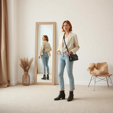 Woman in a casual chic blazer and jeans with ankle boots and a crossbody bag in a bright room