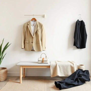 Neutral-toned capsule wardrobe essentials arranged neatly with a blazer, shirt, and trousers