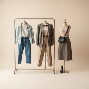 A curated rack of trendy outfits with casual chic, smart casual, and going-out looks in a minimalist studio setting