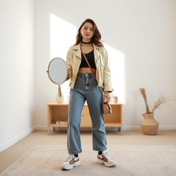 Woman in a Y2K-inspired outfit with baggy jeans, metallic jacket, chunky sneakers, and layered accessories