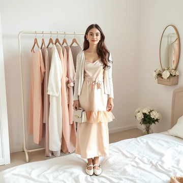 Woman in a pastel cardigan and satin dress with pearl accessories in a softly lit bedroom