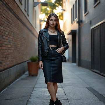 Confident woman modeling a baddie outfit with leather jacket, denim skirt, boots, and layered jewelry on a city street