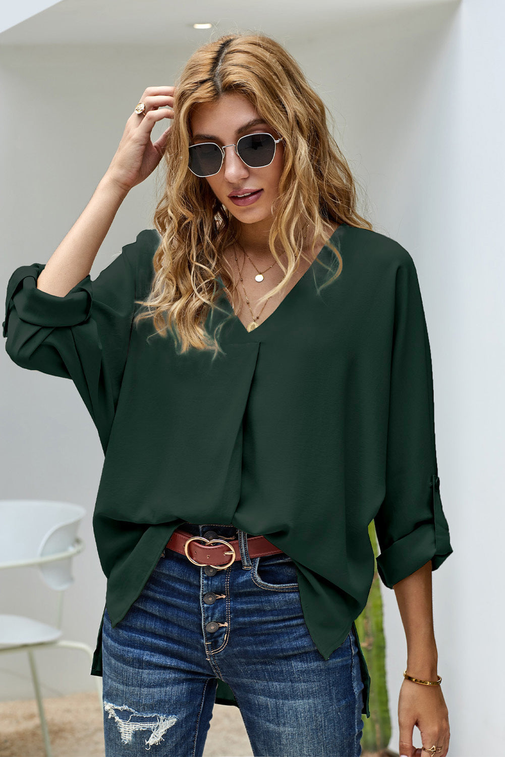 V-Neck Roll-Tab Sleeve Blouse  Shirts & Tops- Doll Fits