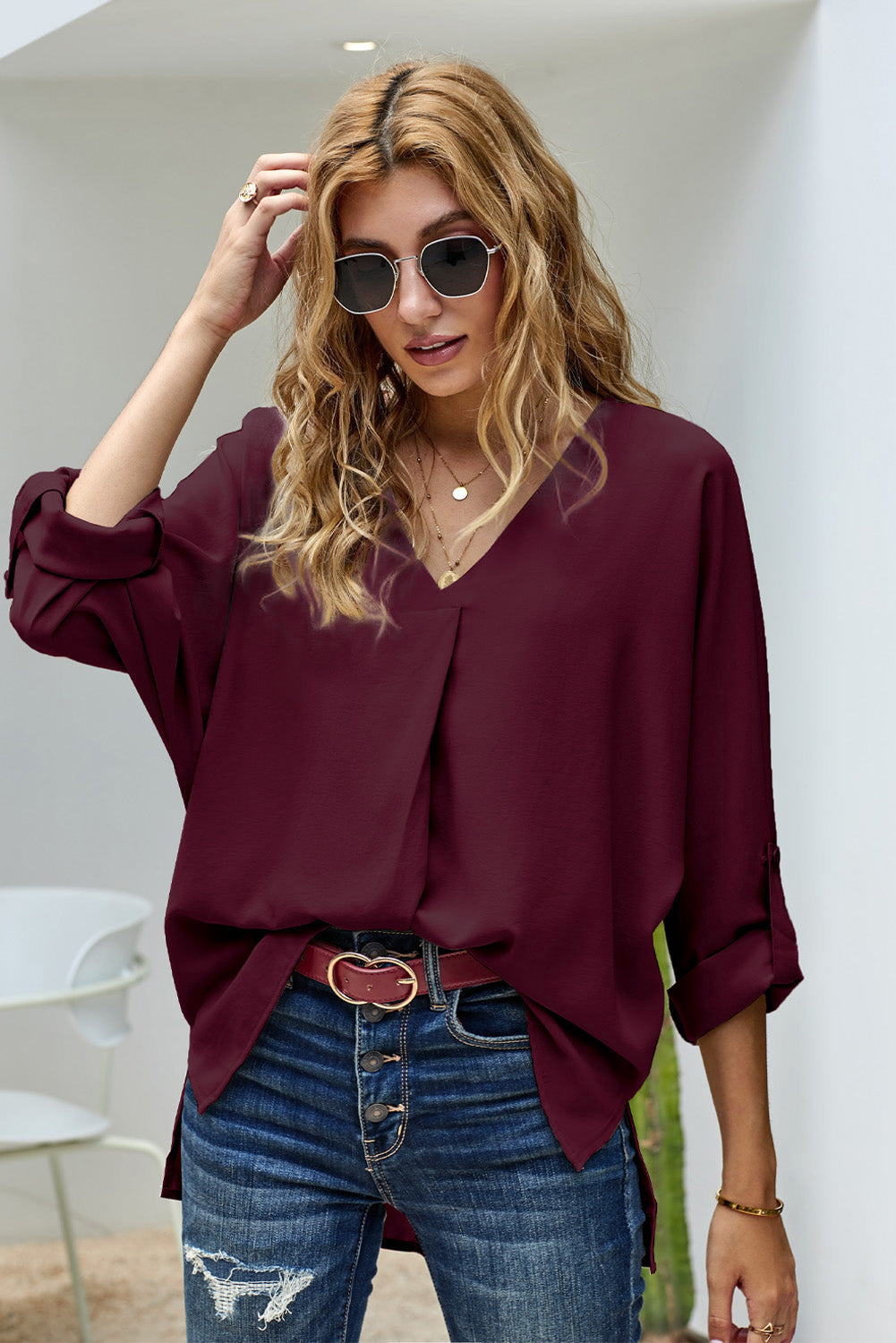 V-Neck Roll-Tab Sleeve Blouse  Shirts & Tops- Doll Fits